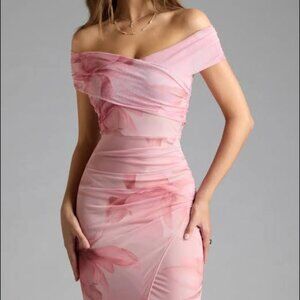 Pink Floral Windsor Cornelia Off The Shoulder Slit Formal Dress - Size M